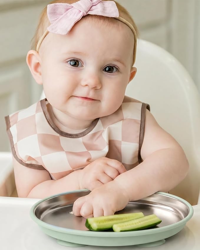 Bakpoco Stainless Steel Baby Plates with Removable Silicone Suction | 8" Stainless Steel Toddler Plates, Open Suction Plates for kids Non Toxic & BPA Free Dishwasher Safe Dinnerware Set of 3