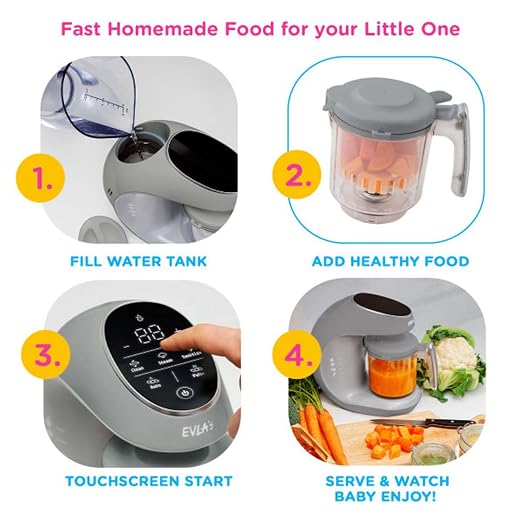 EVLA'S Baby Food Maker, Steamer, Blender, Baby Food Processor for Healthy Homemade Baby Food in Minutes, Touch Screen with 6 Reusable Food Pouches, Baby Registry Essential, Grey | Blend, Grind, Steam, and Cook Homemade Baby Food, Self Cleaning Machine ...