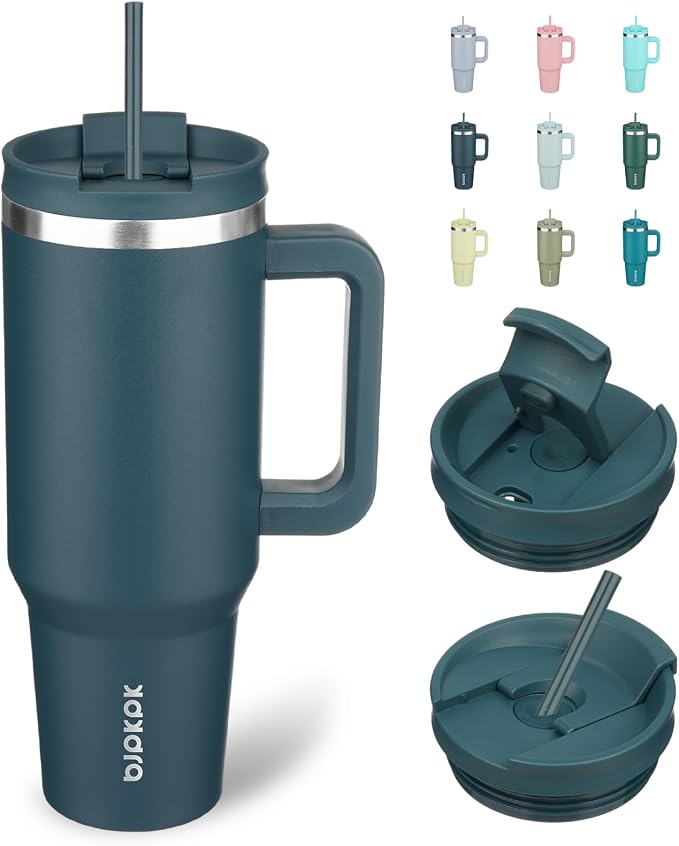 BJPKPK 40 oz Insulated Tumbler with Handle & Straw, Stainless Steel | Double Wall Vacuum Insulation, Leak Proof, BPA Free, Dishwasher Safe, Cupholder Friendly, Travel & Outdoor, Navy Blue