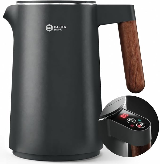 BALTER Electric Kettle with Temperature control, 113 °F – 212 °F, Tea pot, Stainless steel, double wall water kettle, BPA-free, quiet tea kettle, 1.5 L, 2200 W, Titanium Gray