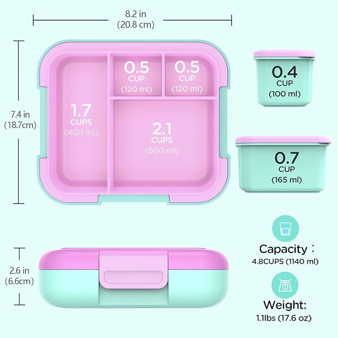 Caperci Bento Box for Kids Age 4-8 - 4.8 Cups Lunch Box with 2 Modular Containers - 4 Compartments Lunch Container, Leak-Proof, Portable Handle, Microwave/Dishwasher Safe (Orchid/Light Cyan)