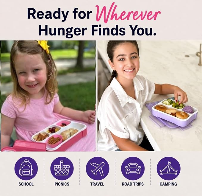 kinsho Bento Box Lunch Boxes for Kids Adults with Utensils, Pink & Purple | Meal & Snack Containers with 4 Divided Portion Compartments, Leak Proof School Work Travel Toddler Daycare BPA Free