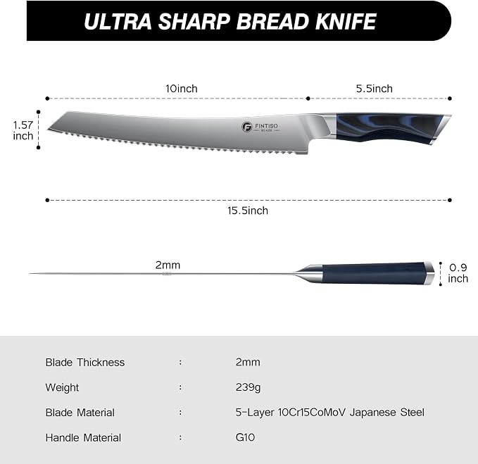 FINTISO Bread Knife10 Inch, Serrated Bread Cutter,2026 New UpgradeJapanese High Carbon Bread Knife,Ergonomic G10 Grip Homemade Bread/Sourdough/Bagels/Cake
