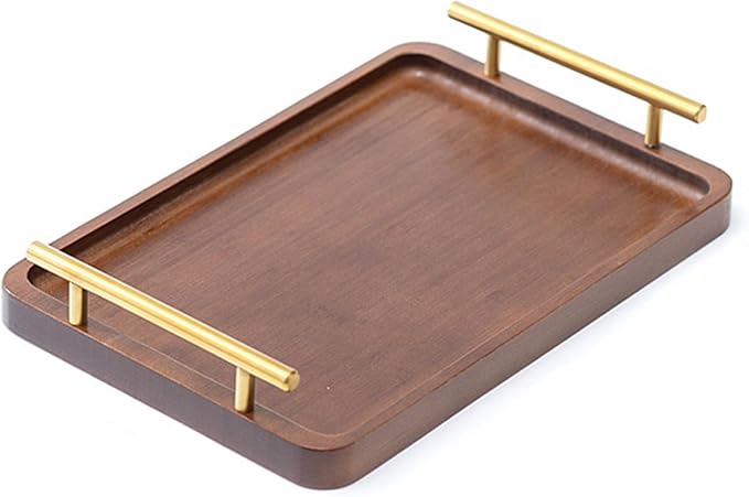 XZHXFX Bamboo Serving Tray with Gold Handles,Small | Food Tray for Breakfast,Coffee Table,Dinner & Bar, Decorative Tray for Kitchen, Bedroom