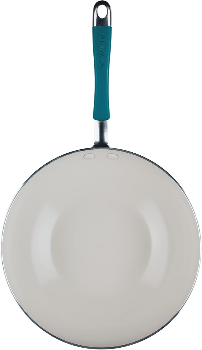Rachael Ray Cucina Ceramic Nonstick Stir Fry Pan and Lid, 11 Inch Non Stick Wok Pan, Dishwasher Safe - Marine Blue
