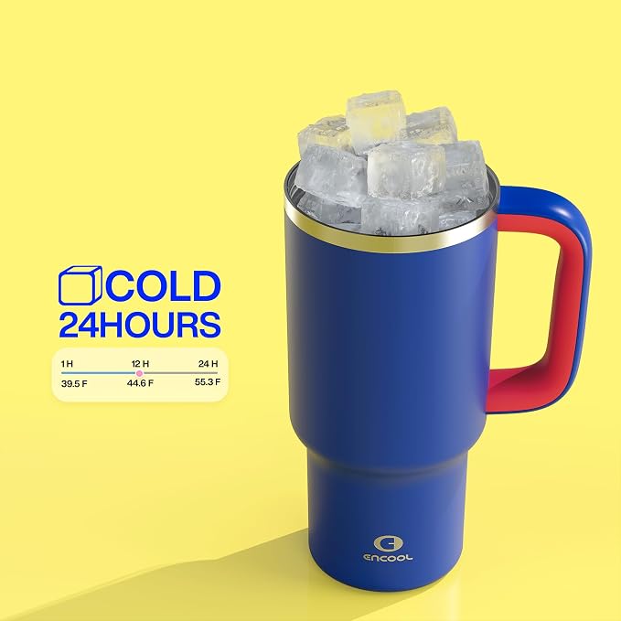 ENCOOL 32 oz Tumbler with Handle and Straw: Stainless Steel Insulated Tumbler Keeps Cold for 24 Hours, Leakproof Travel Cup Fits in Cup Holder and BPA-Free,Beaucoup Blue