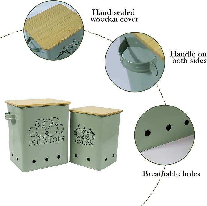 Kitchen Vegetable Storage Tins Set of 2, Onion and Potato Storage Bins with Wooden Lid and Aerating Holes, Garlic Bin Caddy, Vintage Kitchen Decor, Green