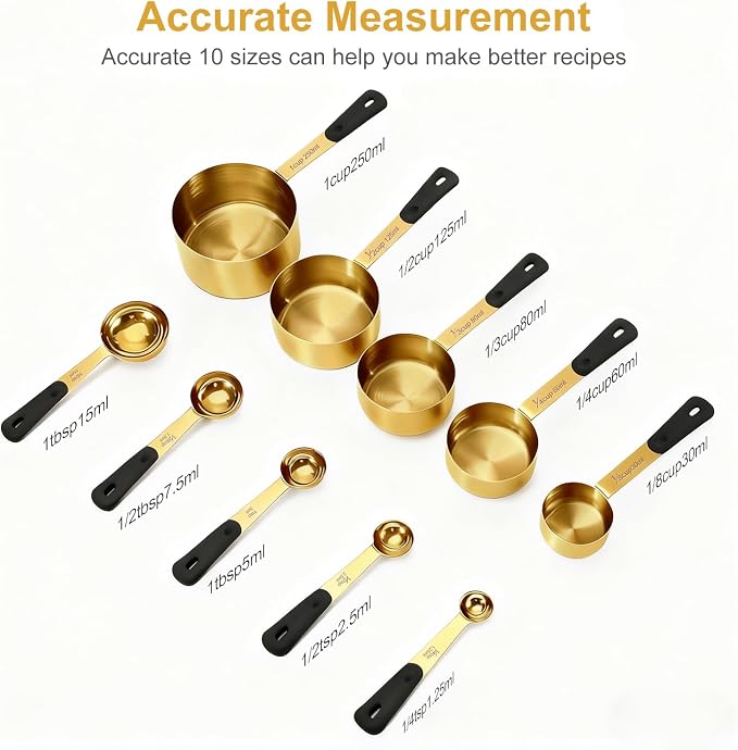 Bopei Measuring Cups and Spoons Set, Gold Electroplated Stainless Steel 10 Piece for Cooking and Baking (5 Cups + 5 Spoons Gold)