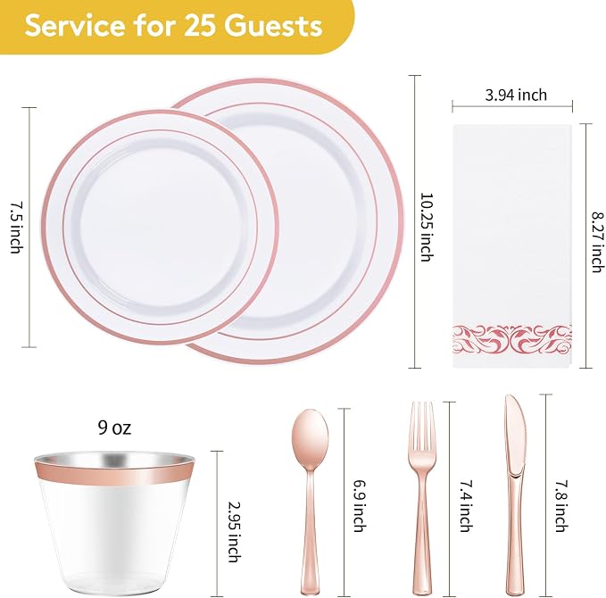 175 Pcs Rose Gold Disposable Party Dinnerware Sets for 25 Guests | Plastic Plates Disposable Include: 25 Dinner Plates, 25 Dessert Plates, 25 Paper Napkins, 25 Cups, 25 Silverware Set