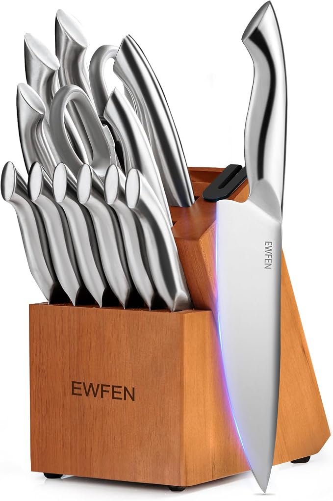 Knife Set, EWFEN 14-Piece Kitchen Knife Set with Block, German Stainless Steel Knives with Built-in Knife Sharpener, Anti-Slip Sharp Knives Set for Kitchen, Dishwasher Safe, Curved Handle