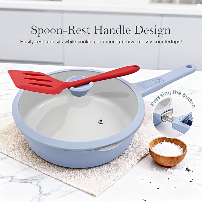 AIKENBBKK Ceramic Frying Pan Skillet with Lid, 12 inch Nonstick Deep Frying Pan for Cooking, 5 QT Large Saute Pan with Detachable Handle, Induction Ready, PTFE & PFAS-Free, Oven Safe, Blue