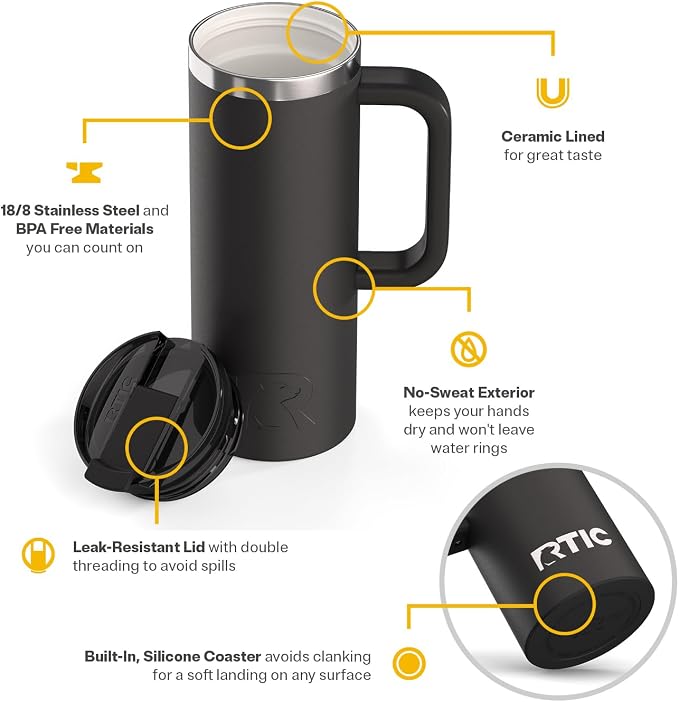 RTIC 20oz Road Trip Travel Mug with Lid and Handle, Ceramic Lined, Black | Stainless Steel Metal, Insulated Travel Cup for Hot and Cold Drinks, Coffee, Car, Camping and Travel