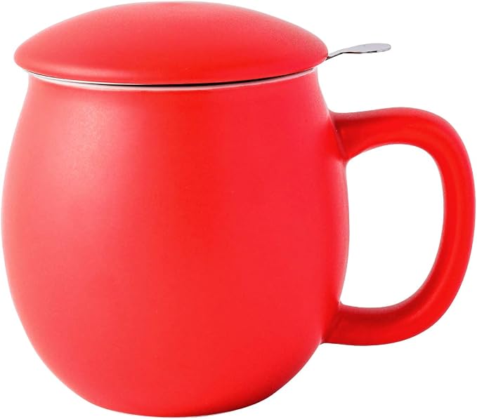Yundu 12 OZ Matte Red Ceramics Teacup with Infuser and Lid, Mug with Lid for Steeping - Stainless Steel Infuser for Loose Leaf Tea, Home Office Gift for Tea Lovers
