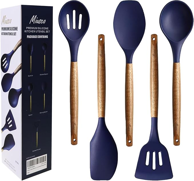 Non-Stick Silicone Kitchen Utensils Set with Natural Acacia Hard Wood Handle, 5 Piece, Midnight Blue, BPA Free, Baking & Serving Silicone Cooking Utensils