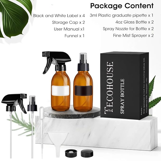 Tecohouse Small Glass Spray Bottles 4 OZ, 2 Pack Amber Glass Spray Bottles | Empty Spray Bottles for cleaning, Plants, Pets, Hair, Durable Spray Nozzle, Fine Mist, Labels, Funnel, Pipettes, Reusable