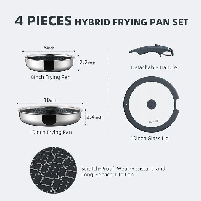 Hybrid Non Stick Frying Pans Set 4-Piece, 8 & 10 Inch Tri-Ply Stainless Steel Pans with Lid and Detachable Handle, PFOA Free Skillets for All Cooktops, Dishwasher & Oven-Safe Cookware Set