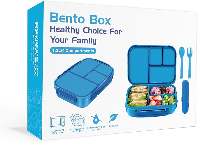 Amathley Lunch Box Kids,Bento Box Adult,Leakproof Lunch Containers for Adults/Kids/Toddler,1200ML-4 Compartments bento Lunch box with Utensil,Microwave & Dishwasher & Freezer Safe (Blue)