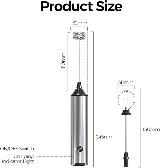 YARRAMATE Rechargeable Milk Frother, Electric Drink Mixer | Frother Wand with 2 Stainless Steel Whisks, Handheld Drink Mixer for Latte, Cappuccino, Matcha, Coffee and Protein Drinks
