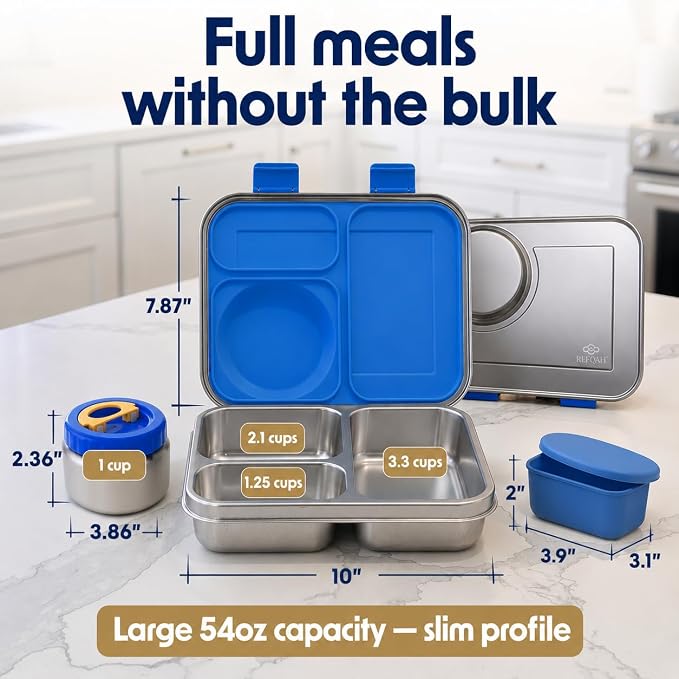 Stainless Steel Bento Lunch Box with 8 oz Insulated Food Jar – 54 oz – Leak-Resistant 3-Compartment Kids & Adult Metal Meal Container with Silicone Container and Thermo for Work & School, BPA-Free