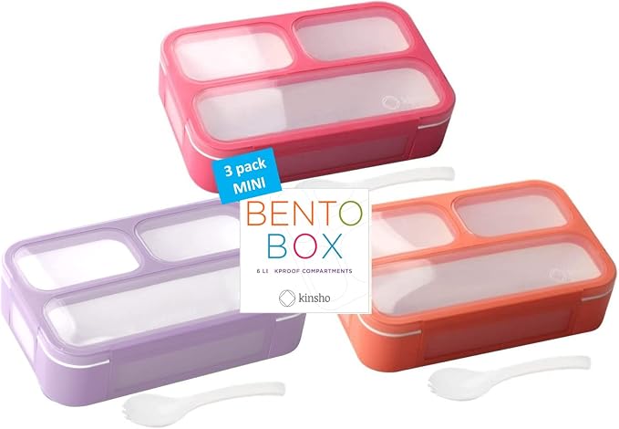 kinsho Small Snack Box Containers for Kids, Set of 3 (Pink+ Purple+ Coral) | 3 Compartments, Leak-Proof, Spill Proof, BPA-Free Reusable Small Mini Bento Lunch Box for Daycare School Travel, Holds 2 Cups