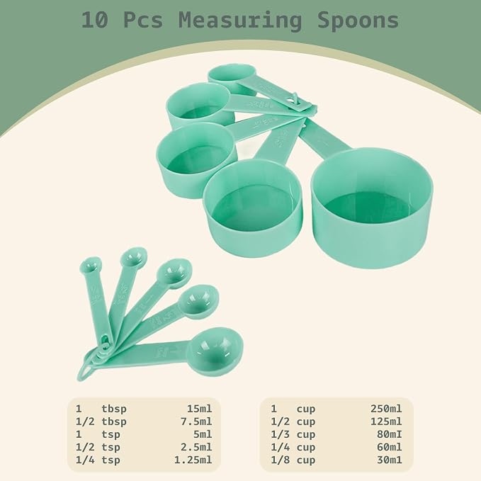 Inmorven 10pcs Measuring Cups and Spoons Set, BPA-Free Plastic Kitchen Baking Tools with Engraved Markings, Stackable Design for Dry & Liquid Ingredients (Green)