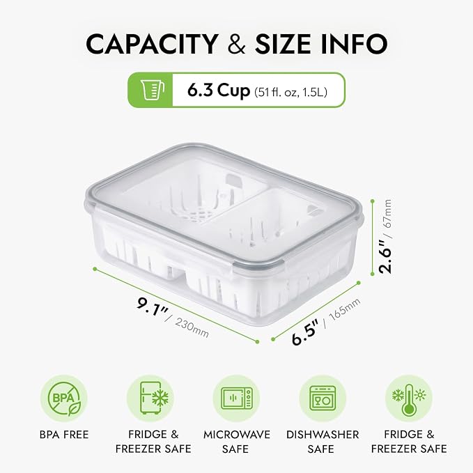 6.3 Cup Produce Saver Container for Fridge with Colander - 1.5L | Airtight Fruit & Vegetable Storage Bin, Removable Strainer Basket, BPA-Free, Stackable, White Colander
