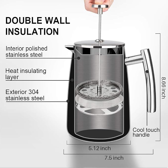 Secura French Press Coffee Maker, 34-Ounce, 304 Stainless Steel Insulated Coffee Press with Extra Screen