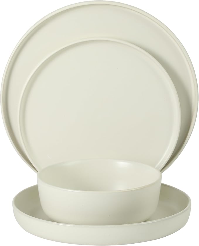 Gibson Elite Bayou Moon Plates and Bowls Sets, 16-Piece White Matte Stoneware Dinnerware Sets, Solid Color Reactive Glaze Dish Set