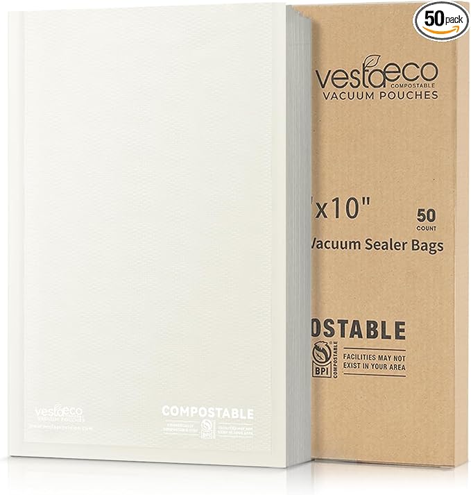 VestaEco Compostable Vacuum Sealer Bags for Food, 50 Pint 6" x 10" Precut | Heavy-Duty Embossed Vacuum Seal Food Saver Bags, BPA-Free, for Storage, Meal Prep or Sous Vide