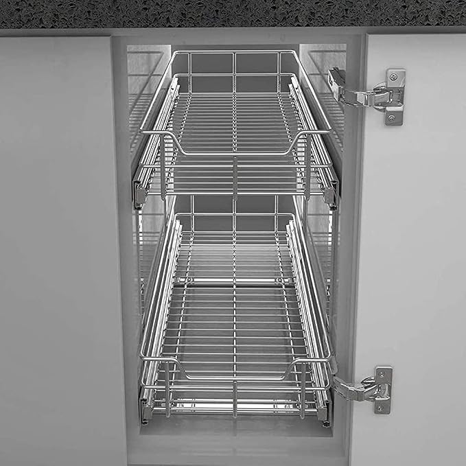 2 Tier Pull Out Cabinet Organizer 15" W X 22" D, Chromed, Full Slide Out | For Kitchen Organizers and Storage, Pull Out Drawers For Cabinets Capacity Heavy Duty Caddy, Cabinet Shelves, Bathroom Pantry