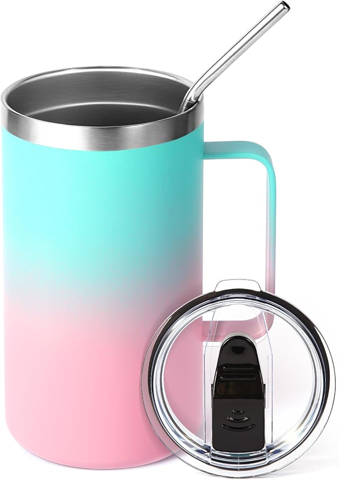 Volhoply 22oz Insulated Stainless Steel Coffee Mug with Leakproof Lid,Double Wall Vacuum Travel Coffee Cup with Handle,Reusable Metal Tumbler,Camping Mugs Keep Hot&Cold(Green Pink,1)