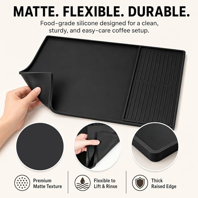 Silicone Coffee Mat 24 x 16 in with Tray, Classic Black | Coffee bar mat for countertop use, coffee station mat or coffee machine mat with removable tray and 0.47 in raised rim.