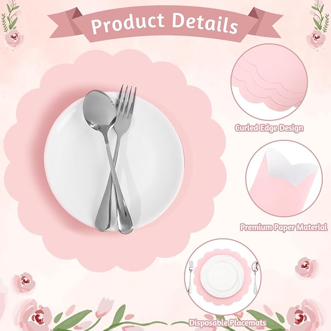 60 Pcs Light Pink Paper Placemats, 13.5 Inch Disposable Scalloped Placemat | Round Table Place Mats Decorative Paper for Girls Birthday Wedding Bridal Shower Baby Shower Banquet Tea Party