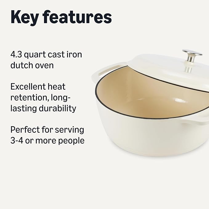 Amazon Basics Enameled Cast Iron Dutch Oven Pot with Lid, Round, Dual Handles, Heavy-Duty, Oven Safe for Stews, Roasting, Baking, 4.3-Quart, White