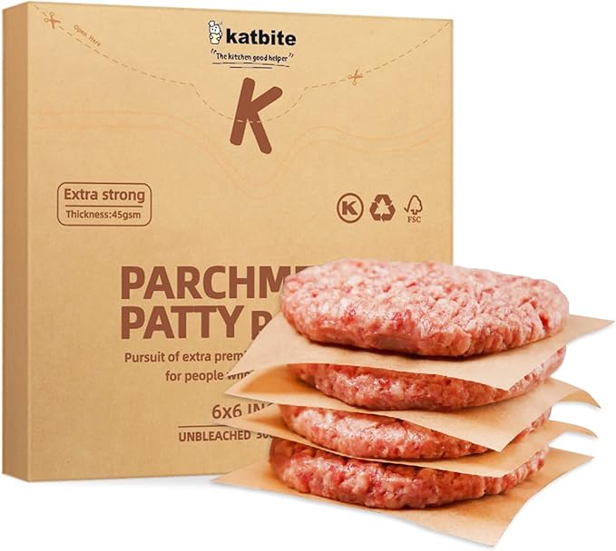 Katbite 300Pcs 6x6 Inches Patty Paper, Burger Patty Paper, Unbleached Parchment Sheets, Heavy Duty & Non-Stick, Squares for Seperating Patty, Cookies, Storing Foods Wrapping Candies | Unbleached Parchment Sheets heavy duty, ideal for separating patties...