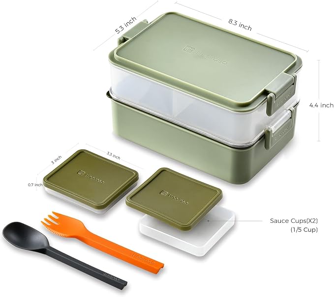 Stackable 2-Tier Adult Bento Box, 4 Compartments - Pale Mint | leakproof bento lunch box with fork & spoon + sauce cups, microwave/dishwasher safe, perfect for office, school & daily meals