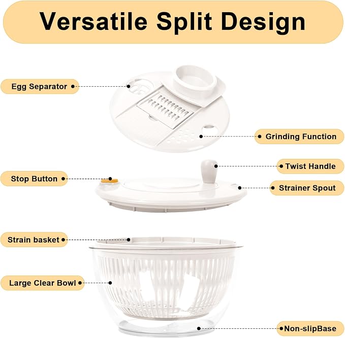 Salad Spinner Large, 5.3 QT 5 IN 1 Lettuce Spinner Dryer with 5 Blades Slicing and Pureeing Vegetables Wash Bowl Kitchen Gadgets for Efficient Salad Preparation Food Washing (White)