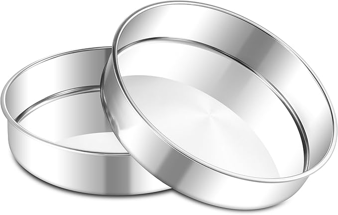 E-far 9 Inch Round Cake Pan, 2-Piece Stainless Steel Round Baking Mold Tins | Non-Toxic & Leak-Proof for Birthday Wedding Layer Tiered Cake, Easy Clean & Dishwasher Safe