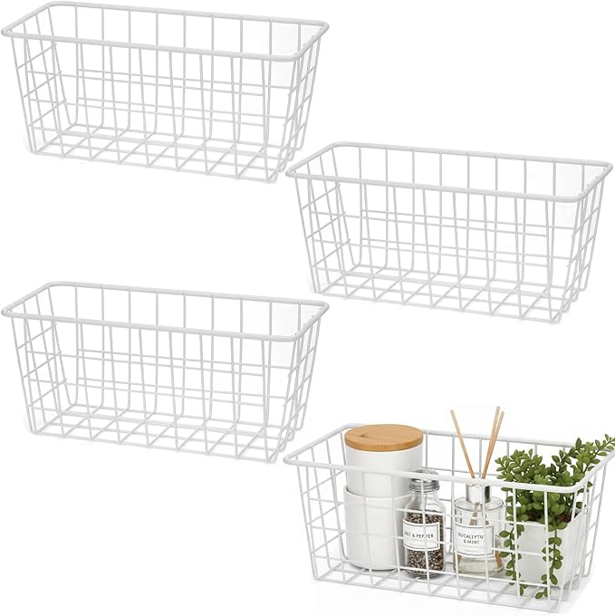 LeleCAT Hanging Kitchen Baskets For Storage Adhesive Sturdy Small Wire Storage Baskets No Drilling Wall Mounted Kitchen Food Pantry Bathroom Shelf Storage, 4 PACK,White