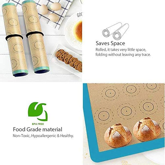 Macaron Silicone Baking Mat - 2 Non Stick Silicon Macaroon Baking Sheet | Cookie Liner(BPA Free/Reusable/Half Sheet),Perfect Cooking Kit for Macarons,Pastry,Cake and Bread Making (Blue)