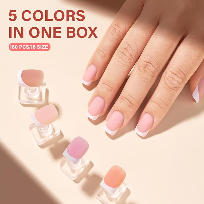 AILLSA French Tip Nails Press On Nails 5 Colors For Nail Art DIY Extension | French Tip Press On Nails Short Square No Need to File 3 in 1 Acrylic False Nails Gifts For Women 15 Sizes 150 Pcs