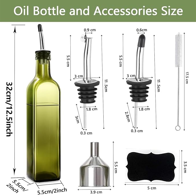 Leaflai Olive Oil Dispenser Bottle, 17oz Glass Olive Oil Dispenser and Vinegar Dispenser Set 500ml Green Glass Oil Bottle Dispenser with Pourers,Funnel and Brush