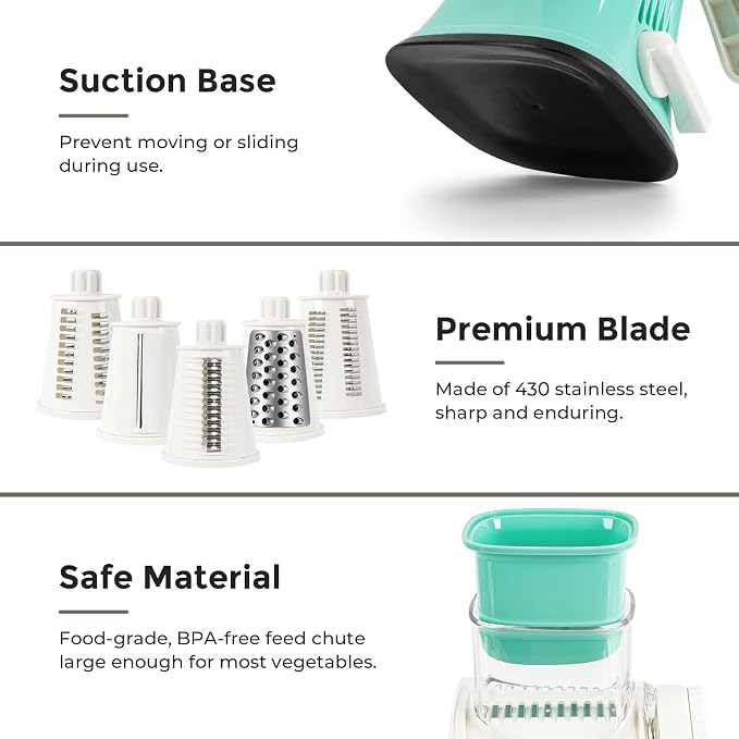X Home 5-in-1 Rotary Cheese Grater for Kitchen, Upgraded Hand Crank Shredder with Stronger Suction Base & Multifunctional Drum Blades, for Cheese, Vegetables and Nuts, Easy to Use and Clean, Blue