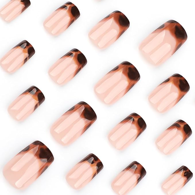 24Pcs Brown French Tip Press on Nails Short Square Fake Nails WLGDLH False Nails Press ons Nail Kit with Leopard Print Design Glossy Glue on Nails Full Cover Nude Stick on Nail for Women Manicure