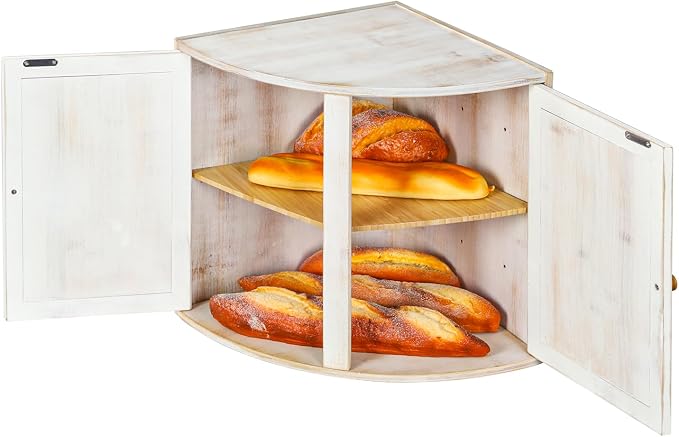 White Vintage Double Layers Bamboo Corner Bread Box for Kitchen Counter | Retro Farmhouse Style, Holds 2+ Loaves, Right Angle Fits Counter Corners, Breathable Keeps Bread Fresh 3-4 Days