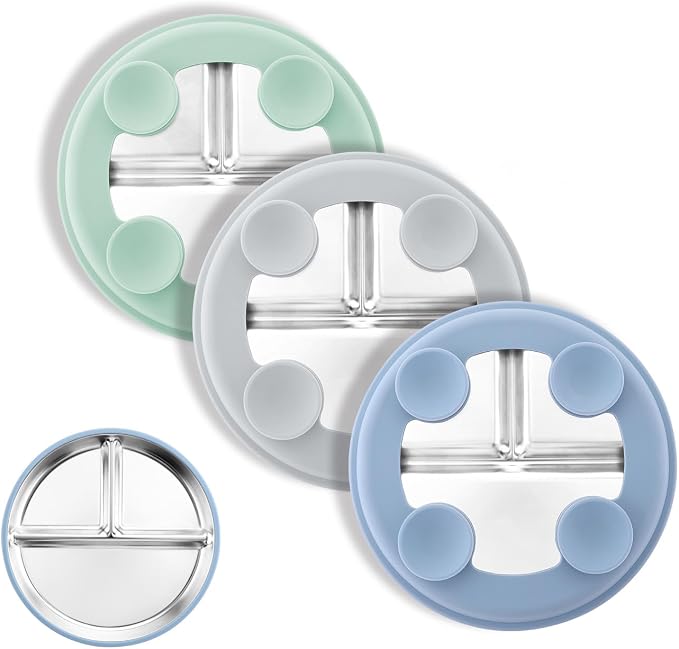 Bakpoco 8" Stainless Steel Toddler Plates with Suction, Divided Plates with Removable Silicone Sleeves for Baby, Non Toxic & BPA Free |Unbreakable |Dishwasher Safe Dinnerware Set of 3, Blue Gray Sage