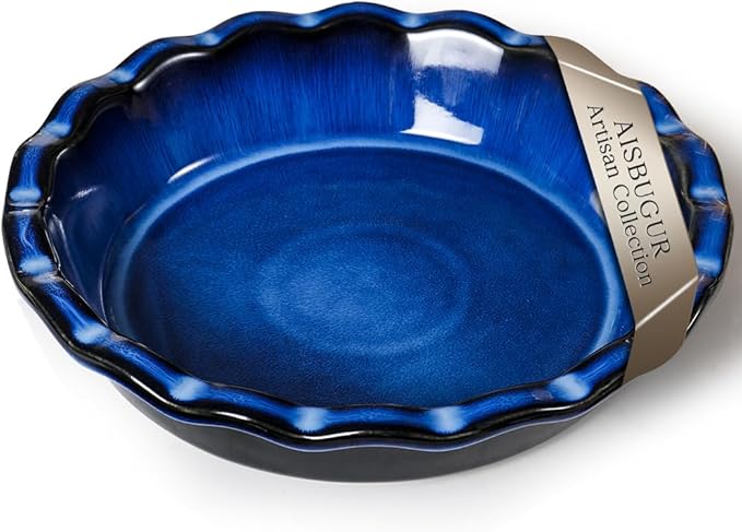 Pie Pan for Baking 9 Inch Ceramic Pie Dish for Apple Pie, Quiche, 48oz Blue | Non-Stick Dishwasher & Oven Safe, Great for Kitchen Decor