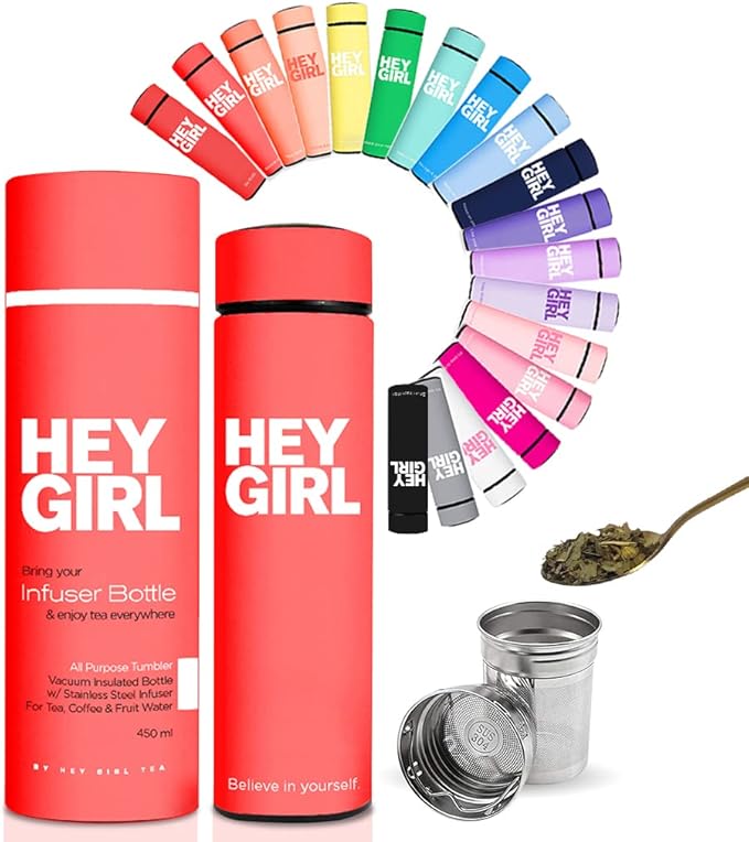 Hey Girl Tea Infuser Bottle 450ml - Insulated Stainless Steel Water Bottle - Tea Tumbler with Tea Diffuser - Portable Travel Mug for Loose Leaf Tea & Infused Water - Tea Lovers Gifts for Women