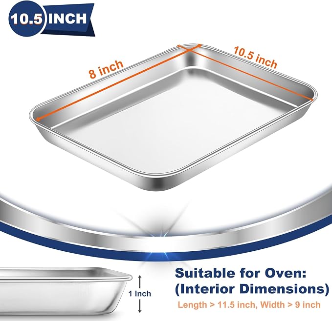 P&P CHEF Baking Sheet Pan, Stainless Steel Cookie Sheet, 10.5 Inch & 2 Pcs | Oven Tray Sheet Pan for Baking & Serving, Baking Tray for Multi Uses, Heavy Duty & Non-toxic, Rust Free & Dishwasher Safe