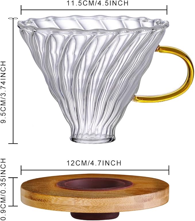 Gute Glass Pour Over Coffee Dripper 1-4 Cups with Bamboo Stand & Handle | Spiral Inner Design,Heatproof Glass,No Plastic Contact,Detachable for Easy Clean,Fits Most Mugs & Carafes,Home Office